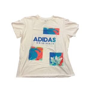 Adidas T Shirt 100 % Cotton 90s Print White Short Sleeve Crew Neck Size Large